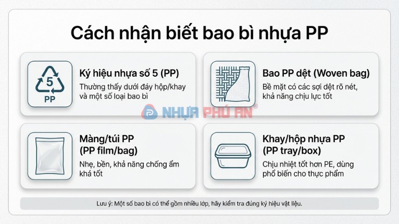 Infographic cách nhận biết bao bì PP qua ký hiệu số 5 và các dạng bao dệt màng túi khay hộp