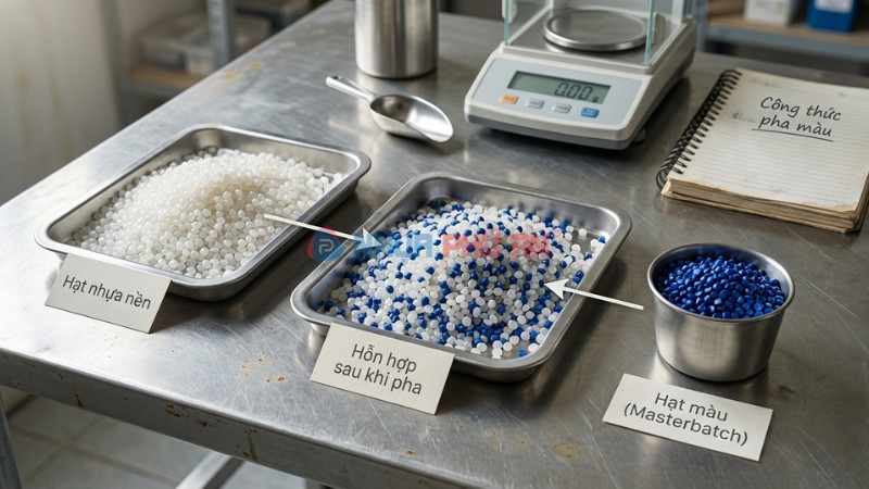 Cận cảnh hạt nhựa nền và hạt màu masterbatch khi pha màu hạt nhựa
