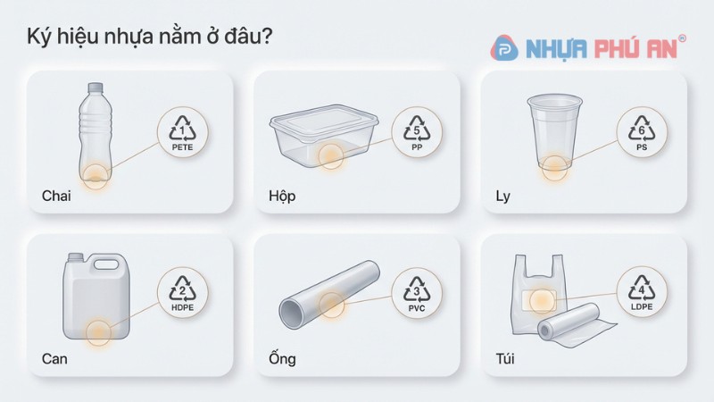 Infographic vị trí ký hiệu nhựa trên chai, hộp, ly, can, ống, túi