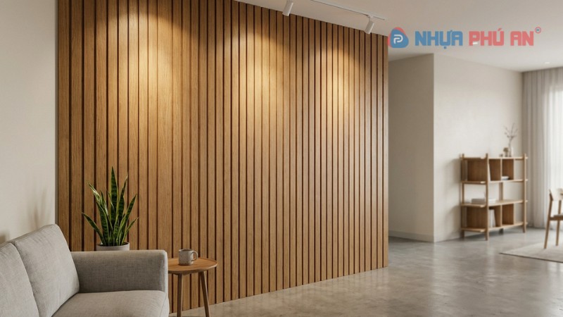 Ảnh thực tế tấm PVC vân gỗ ốp tường hoặc lam sóng nội thất