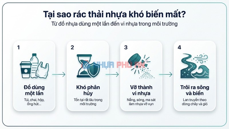 quá trình rác nhựa trở thành vi nhựa và trôi ra sông biển
