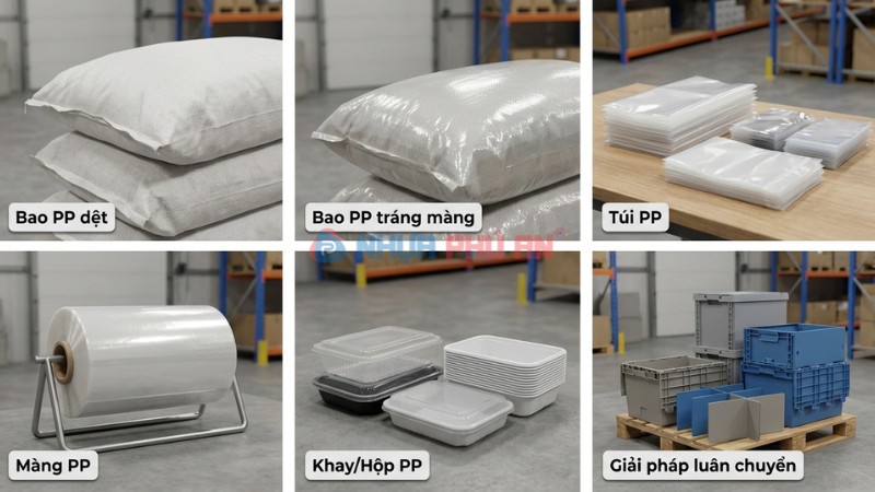 Ảnh collage các loại bao bì PP gồm bao PP dệt bao tráng màng túi màng khay hộp và giải pháp luân chuyển