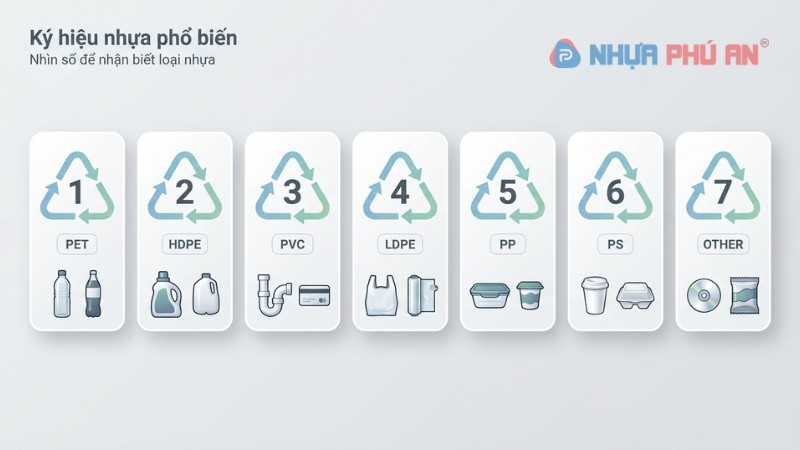 Infographic ký hiệu nhựa 1 đến 7 và loại nhựa tương ứng