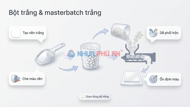 Minh họa bột trắng và masterbatch trắng trong phối trộn nhựa