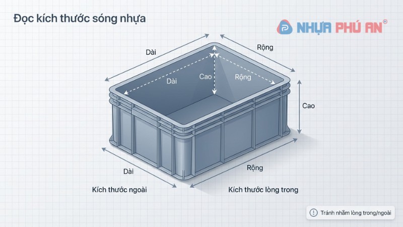 Sơ đồ đo kích thước sóng nhựa ngoài và lòng trong