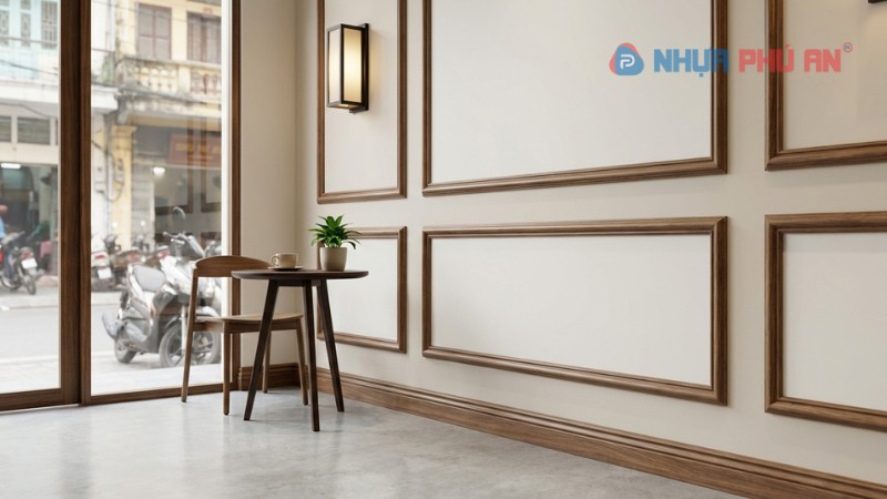 Ảnh thực tế phào nẹp PS giả gỗ dùng ốp trang trí tường