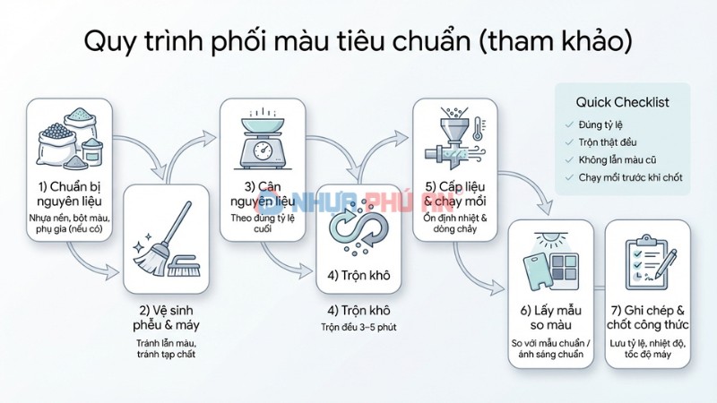 Sơ đồ quy trình pha màu hạt nhựa chuẩn xưởng từ chuẩn bị đến khóa công thức