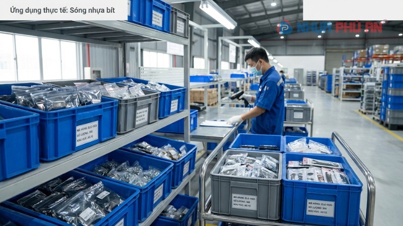 Sóng nhựa bít dùng chứa linh kiện trong kho xưởng