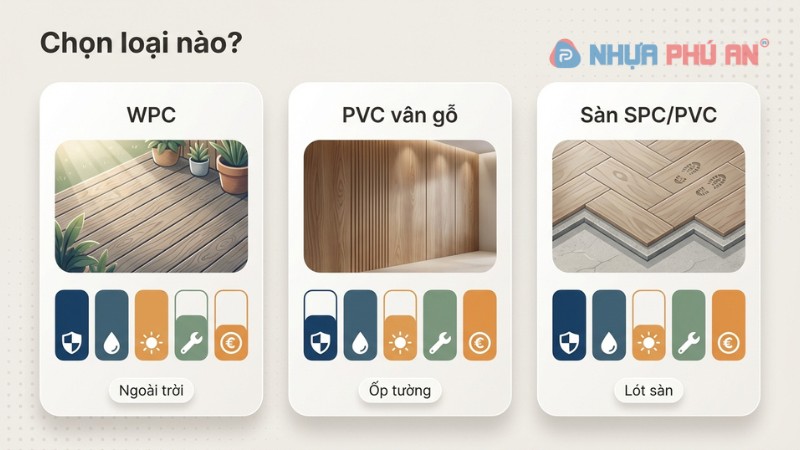So sánh nhanh WPC, PVC vân gỗ và sàn SPC/PVC theo tiêu chí sử dụng