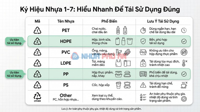 Bảng mã nhựa 1 đến 7 PET HDPE PVC LDPE PP PS Other và lưu ý khi tái sử dụng