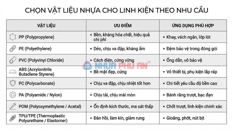 Bảng so sánh vật liệu linh kiện nhựa