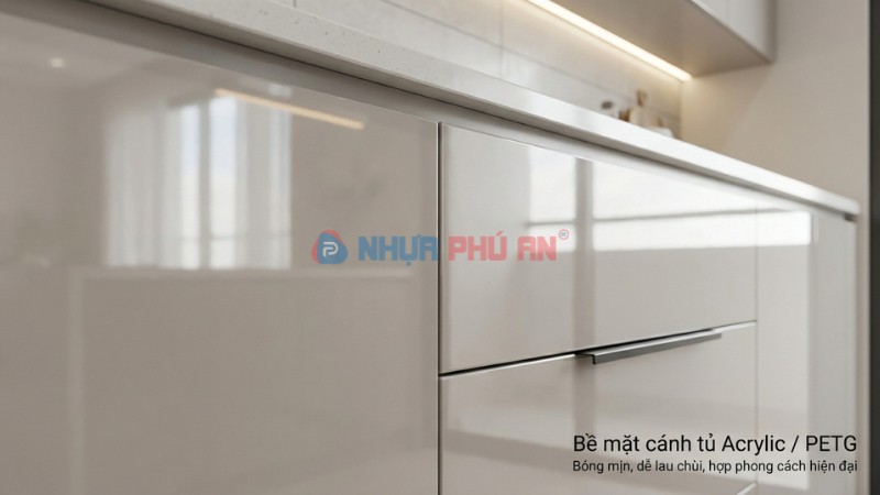 Ảnh cánh tủ nội thất bề mặt Acrylic PETG bóng mịn và chi tiết dán cạnh gọn