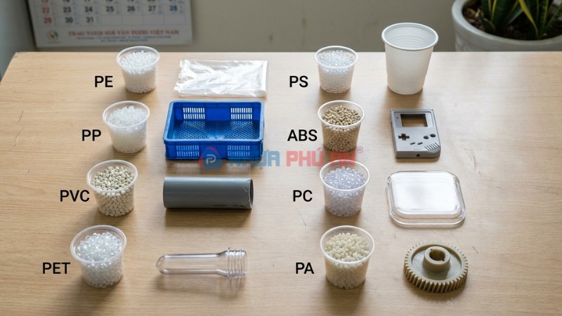 Các loại nhựa nhiệt dẻo phổ biến gồm PE PP PVC PET PS ABS PC PA kèm mẫu hạt nhựa và sản phẩm
