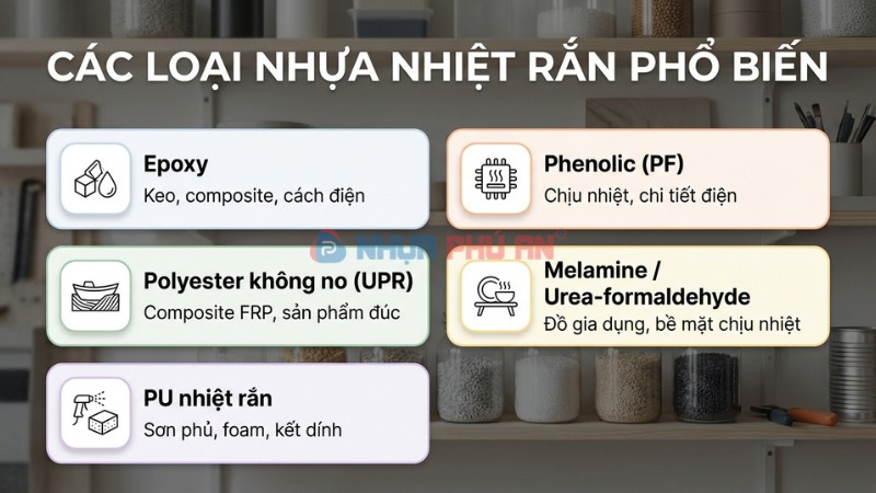 Infographic các loại nhựa nhiệt rắn phổ biến gồm epoxy phenolic polyester không no melamine urea và PU nhiệt rắn