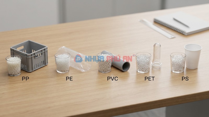 Các loại nhựa phổ biến PP PE PVC PET PS kèm mẫu hạt nhựa và sản phẩm minh họa