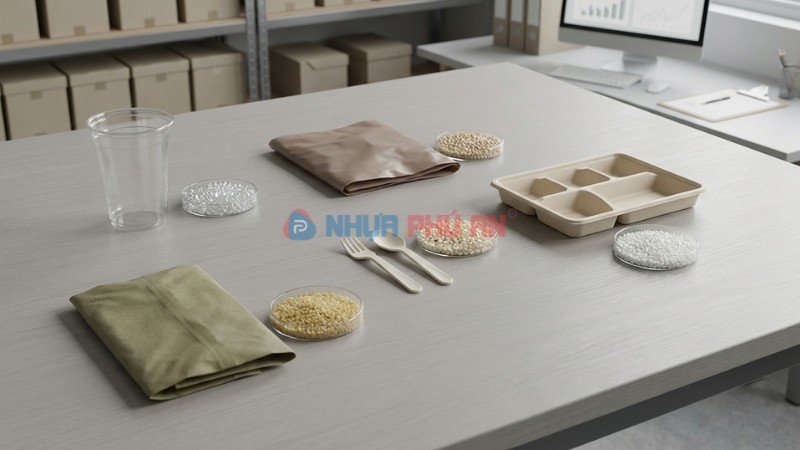 Các loại nhựa sinh học phổ biến như PLA PBAT PHA PBS và TPS kèm mẫu hạt và sản phẩm