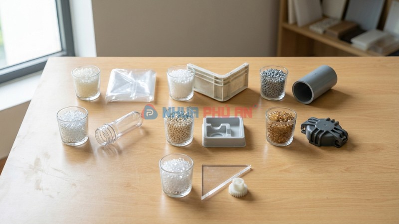 Các loại nhựa tổng hợp phổ biến gồm PE PP PVC PET PS ABS PC PA PMMA POM kèm mẫu hạt và sản phẩm