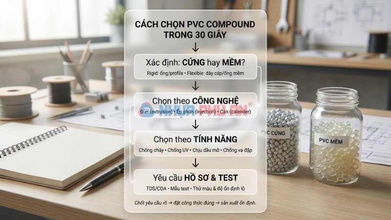 Infographic cách chọn PVC compound theo độ cứng công nghệ và tính năng yêu cầu