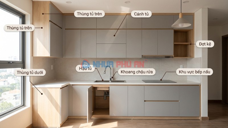 Sơ đồ cấu tạo tủ bếp nhựa gồm thùng tủ cánh tủ hậu tủ và khoang chậu rửa