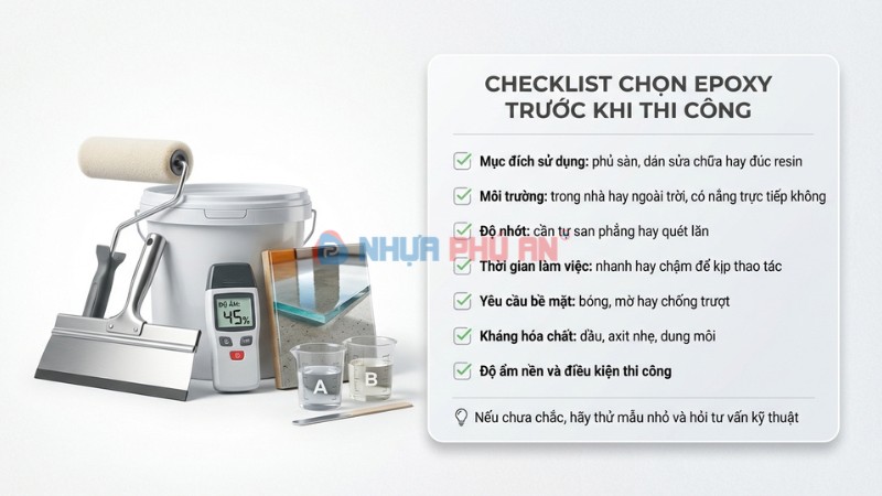 Checklist chọn epoxy trước khi thi công theo mục đích, môi trường, độ nhớt, thời gian làm việc, bề mặt, kháng hóa chất và độ ẩm