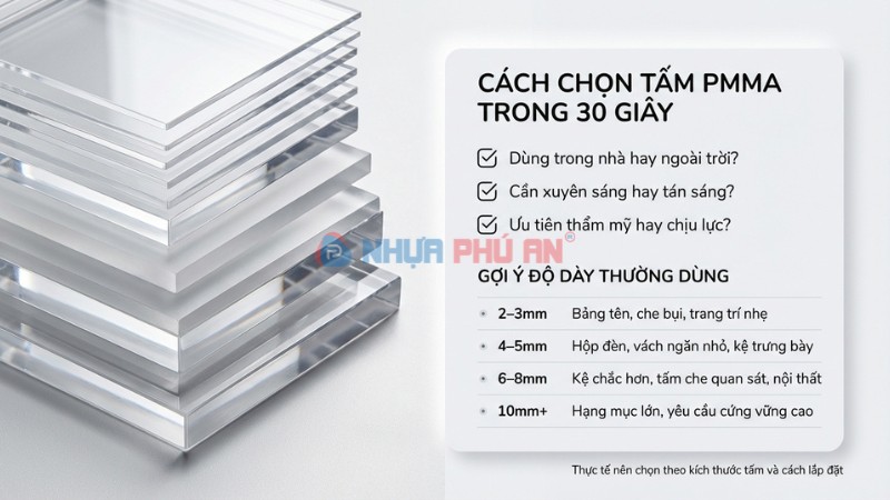 Checklist cách chọn tấm nhựa PMMA trong 30 giây và gợi ý độ dày 2-3mm 4-5mm 6-8mm 10mm+