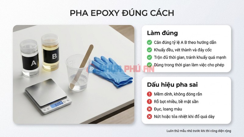 Checklist pha epoxy đúng tỷ lệ A B và dấu hiệu pha sai như mềm dính, rỗ bọt, đục loang, tỏa nhiệt