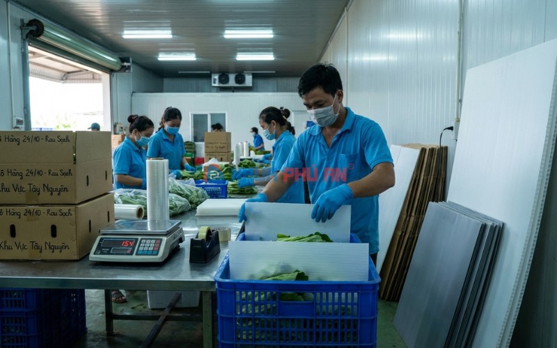 Công nhân dùng tấm nhựa Danpla cắt theo khổ để lót chèn và ngăn lớp