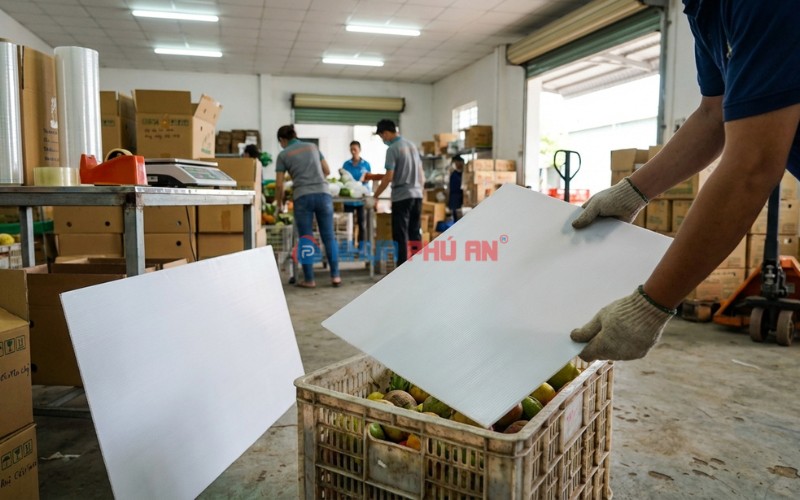 Công nhân dùng tấm nhựa Danpla cắt theo khổ để lót chèn