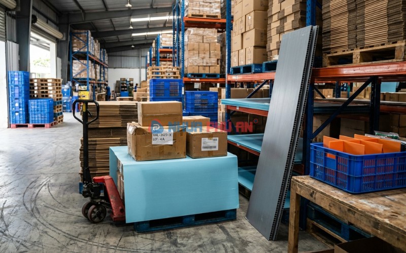 Tấm nhựa Danpla dùng để lót pallet, lót kệ và làm tấm ngăn phân loại hàng trong kho vận tại Việt Nam