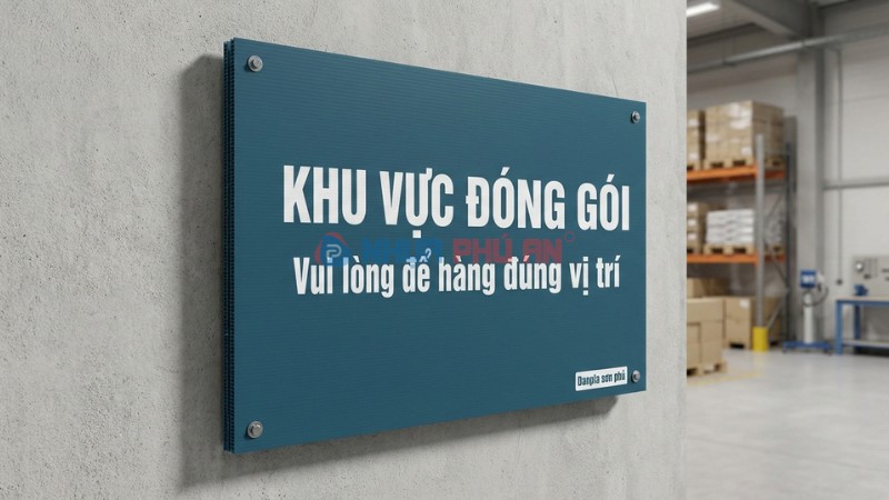 Ảnh Danpla đã sơn dùng làm bảng biển kho, chữ Khu vực đóng gói rõ nét