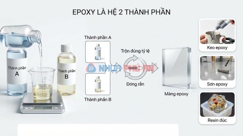 Minh họa epoxy hệ 2 thành phần A B và các dạng keo epoxy, sơn epoxy, resin đúc