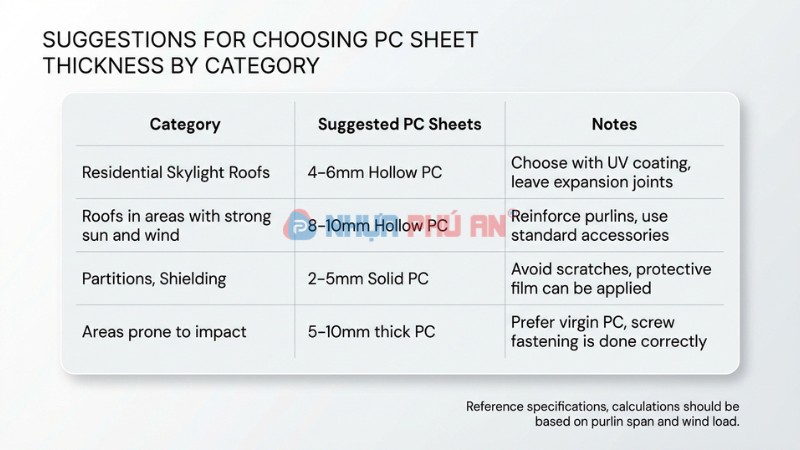 Bảng gợi ý độ dày tấm pc theo yêu cầu