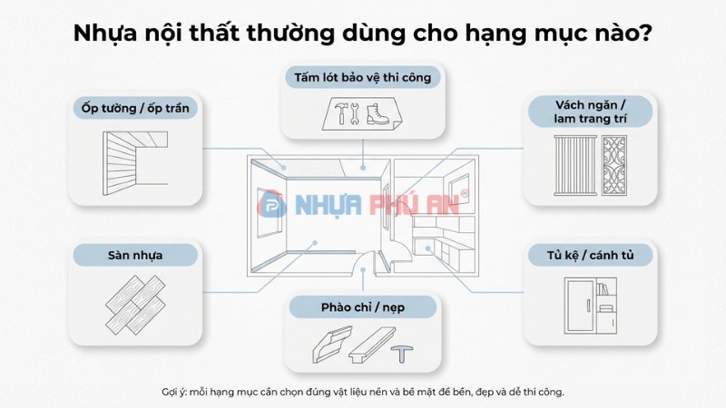Infographic các hạng mục dùng nhựa nội thất gồm ốp tường sàn phào chỉ cánh tủ vách ngăn và tấm lót bảo vệ