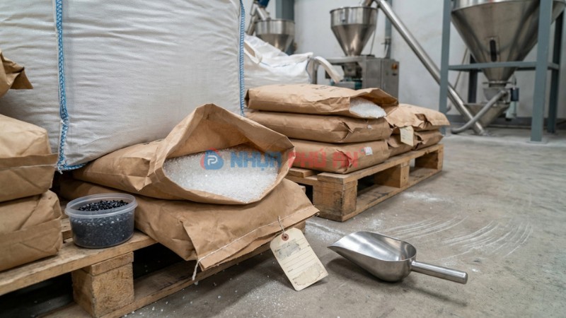 Hạt nhựa và phụ gia masterbatch trong khu vực nguyên liệu nhà máy