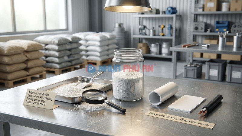 Cận cảnh nhựa PVC resin và mẫu sản phẩm ống tấm vỏ cáp từ PVC