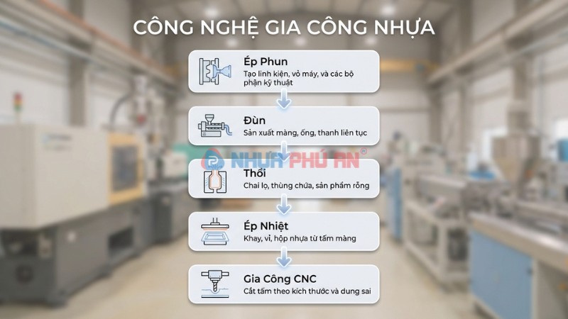 Infographic nhựa theo công nghệ gia công gồm ép phun đùn ép thổi ép nhiệt định hình và cắt CNC