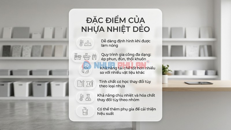 Infographic đặc tính của nhựa nhiệt dẻo gồm khả năng tạo hình tái chế và gia công đa dạng