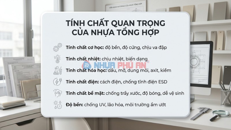 Infographic đặc tính quan trọng của nhựa tổng hợp như cơ tính nhiệt hóa chất điện bề mặt và độ bền