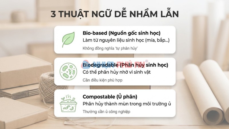Infographic phân biệt bio-based biodegradable và compostable trong nhựa sinh học