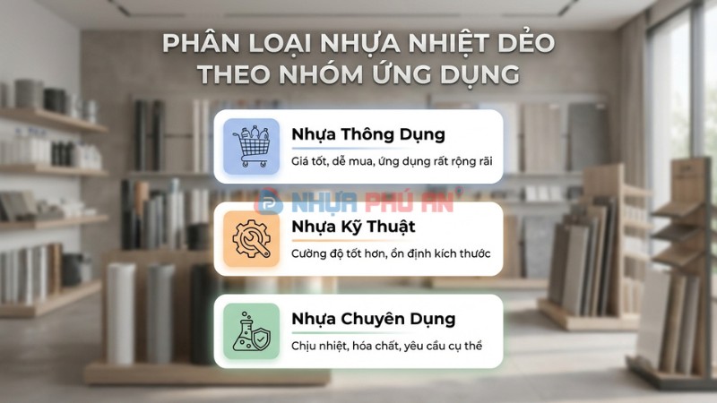 Infographic phân loại nhựa nhiệt dẻo theo nhóm ứng dụng gồm nhựa thông dụng nhựa kỹ thuật và nhựa chuyên dụng