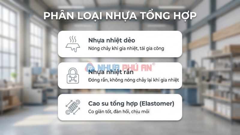 Infographic phân loại nhựa tổng hợp gồm nhựa nhiệt dẻo nhựa nhiệt rắn và cao su tổng hợp elastomer
