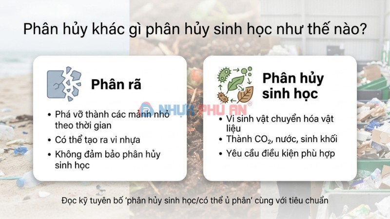 Infographic so sánh phân rã và phân hủy sinh học trong nhựa sinh học