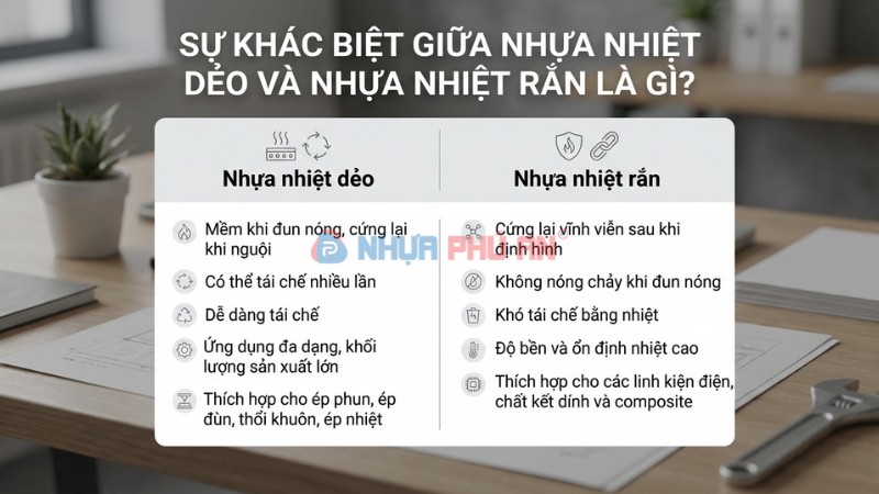 Infographic so sánh nhựa nhiệt dẻo và nhựa nhiệt rắn theo khả năng tái gia công và ứng dụng