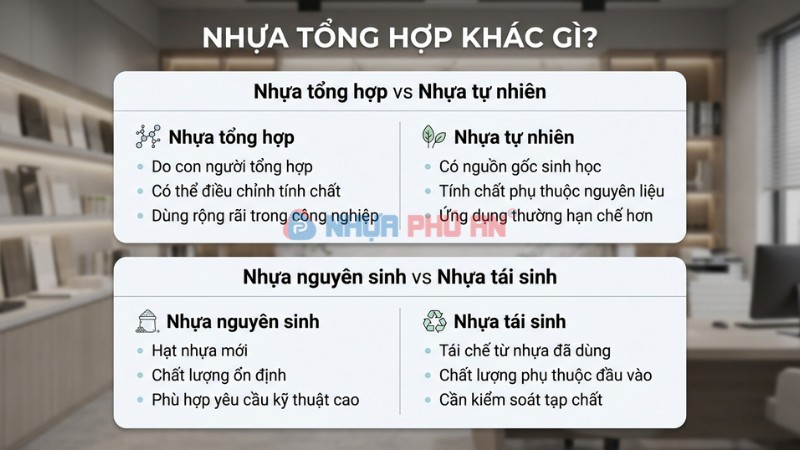 Infographic so sánh nhựa tổng hợp với nhựa tự nhiên và nhựa nguyên sinh với nhựa tái sinh