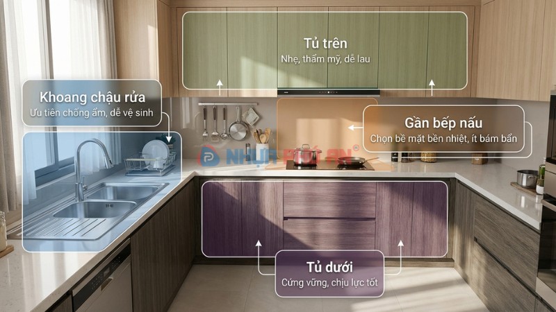 Infographic so sánh nhanh vật liệu nhựa tủ bếp theo điểm mạnh hạn chế và gợi ý dùng