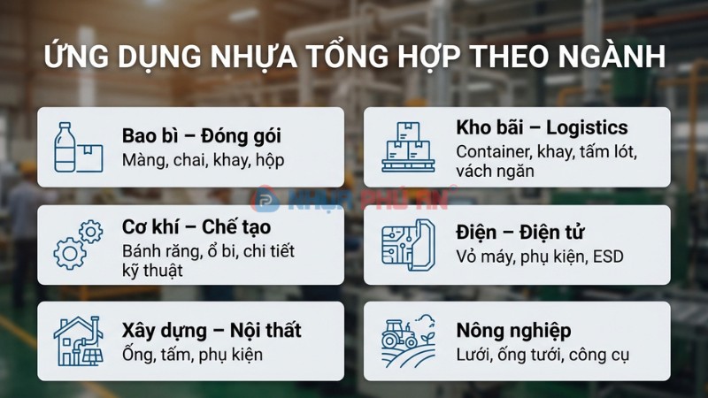Infographic ứng dụng nhựa tổng hợp theo ngành bao bì kho vận cơ khí điện tử xây dựng và nông nghiệp