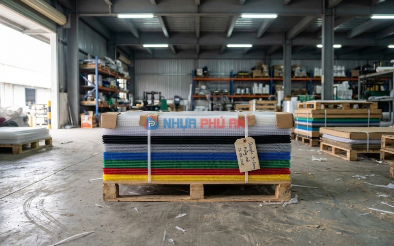 Chồng tấm nhựa Danpla (nhựa PP rỗng ruột) xếp pallet trong kho xưởng