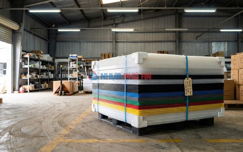 Chồng tấm nhựa Danpla rỗng ruột xếp pallet trong kho xưởng khu công nghiệp