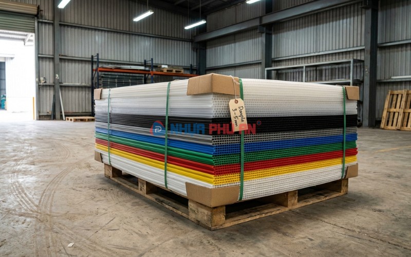 Chồng tấm nhựa Danpla xếp pallet trong kho xưởng Việt Nam