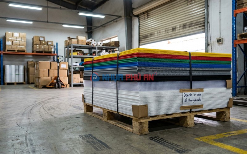 Chồng tấm nhựa Danpla rỗng ruột xếp pallet trong kho xưởng